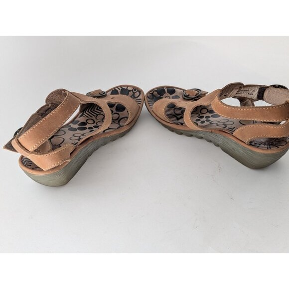 Fly London Sandals Sz 37 7 Wedged Brown Leather Adjustable Comfort Boho Resort - Picture 5 of 8